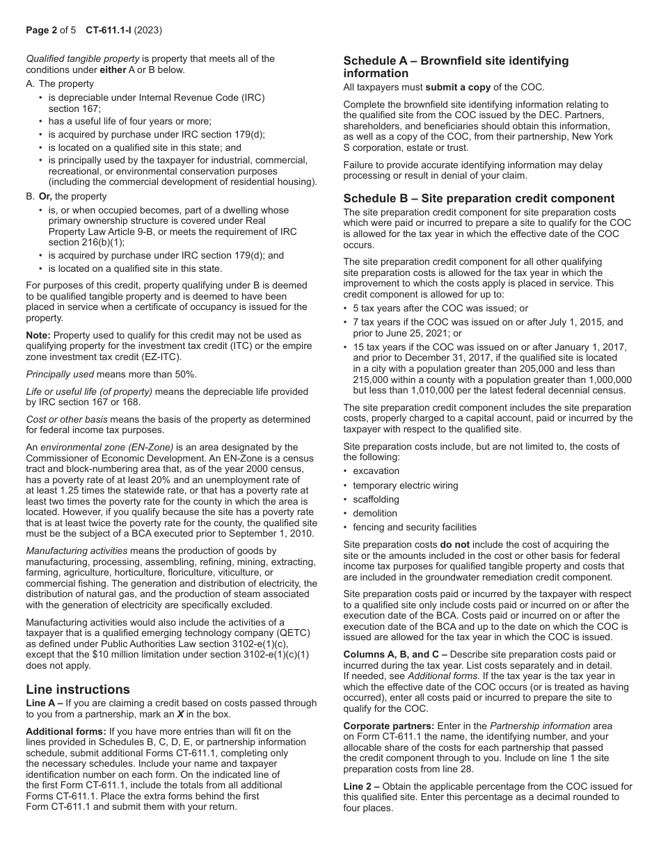 Instructions for Form CT-611.1 Claim for Brownfield Redevelopment Tax Credit for Qualified Sites Accepted Into the Brownfield Cleanup Program on or After June 23, 2008 and Prior to July 1, 2015 - New York, Page 2