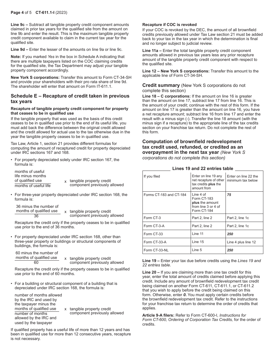 Instructions for Form CT-611.1 Claim for Brownfield Redevelopment Tax Credit for Qualified Sites Accepted Into the Brownfield Cleanup Program on or After June 23, 2008 and Prior to July 1, 2015 - New York, Page 4