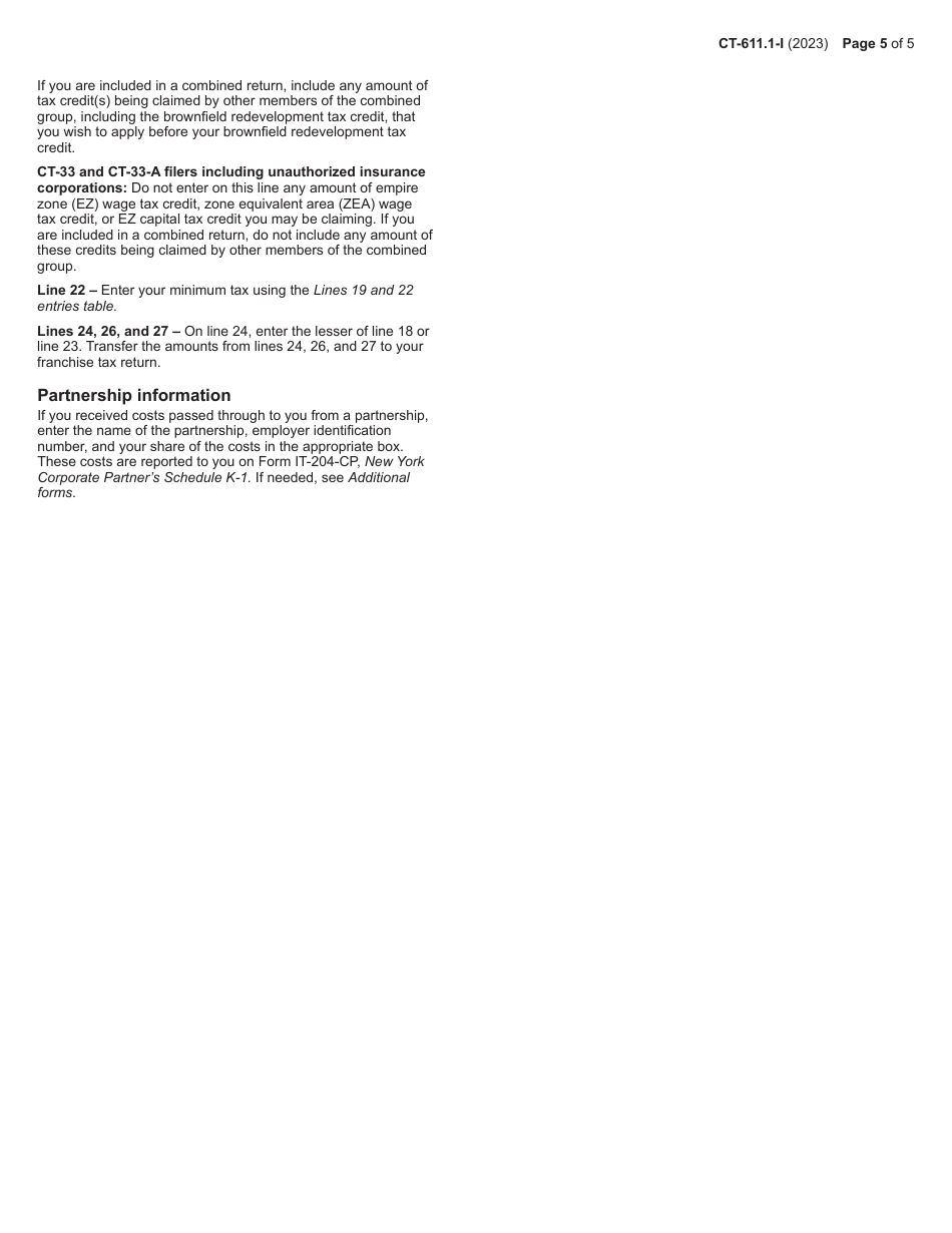 Instructions for Form CT-611.1 Claim for Brownfield Redevelopment Tax Credit for Qualified Sites Accepted Into the Brownfield Cleanup Program on or After June 23, 2008 and Prior to July 1, 2015 - New York, Page 5