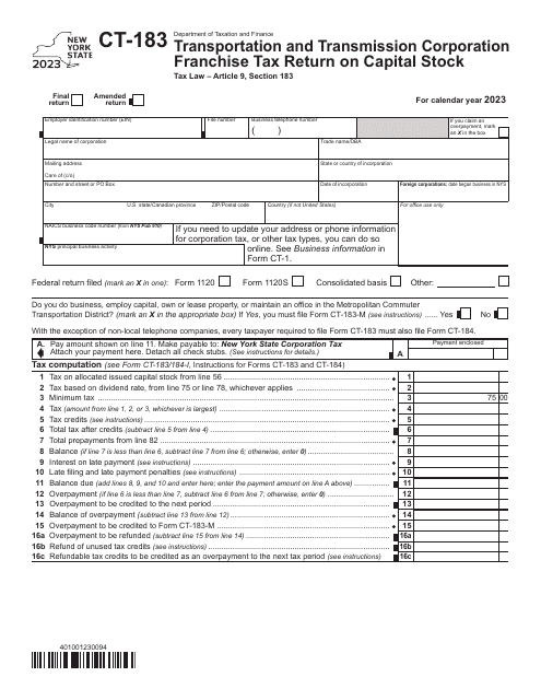 Form CT-183 Transportation and Transmission Corporation Franchise Tax Return on Capital Stock - New York, 2023