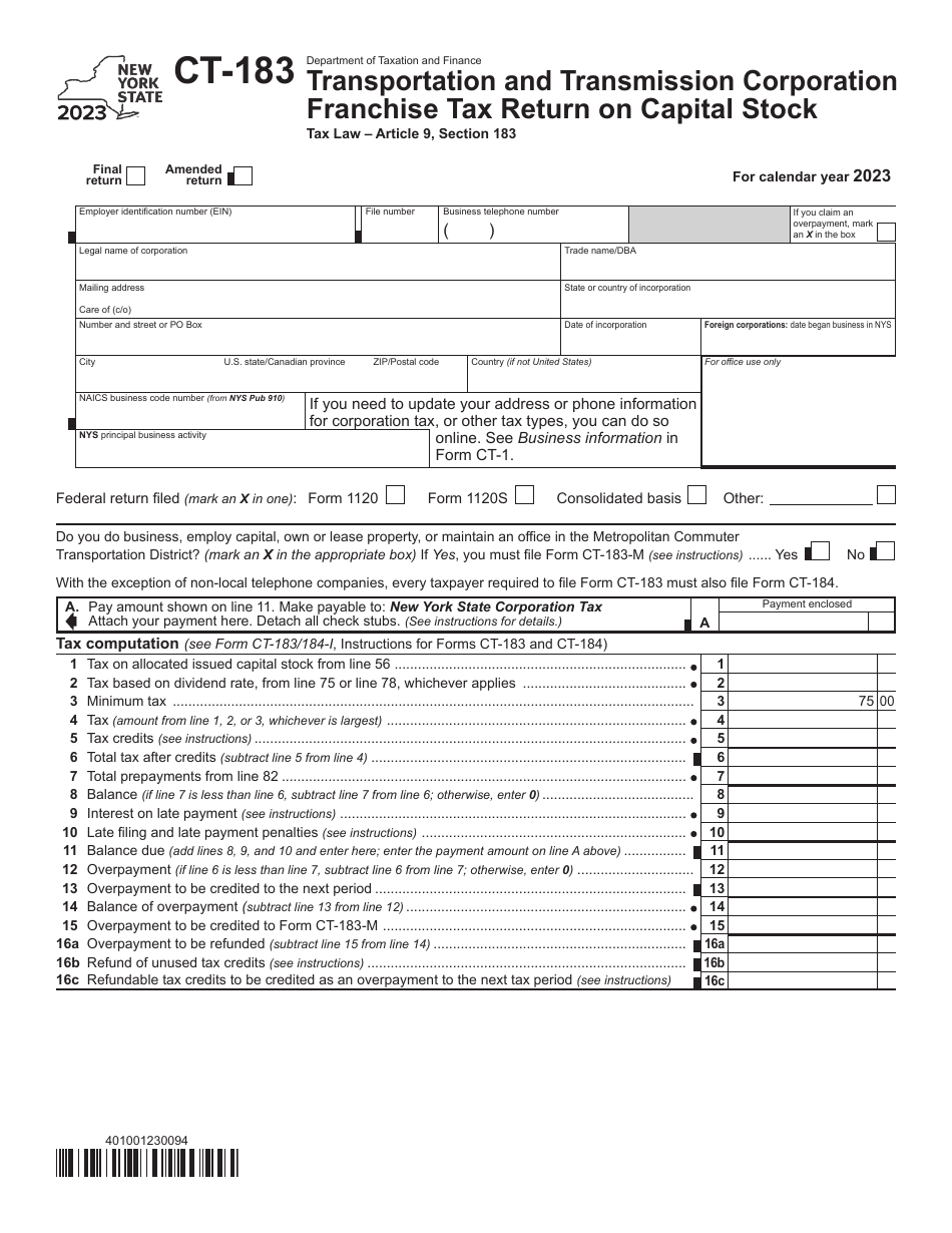 Form CT-183 Transportation and Transmission Corporation Franchise Tax Return on Capital Stock - New York, Page 1