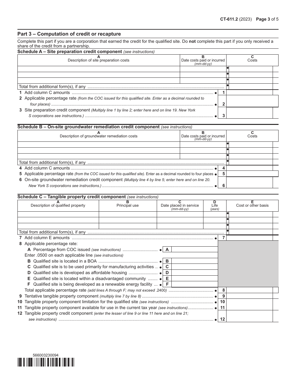 Form CT-611.2 Claim for Brownfield Redevelopment Tax Credit for Qualified Sites Accepted Into the Brownfield Cleanup Program on or After July 1, 2015 - New York, Page 3