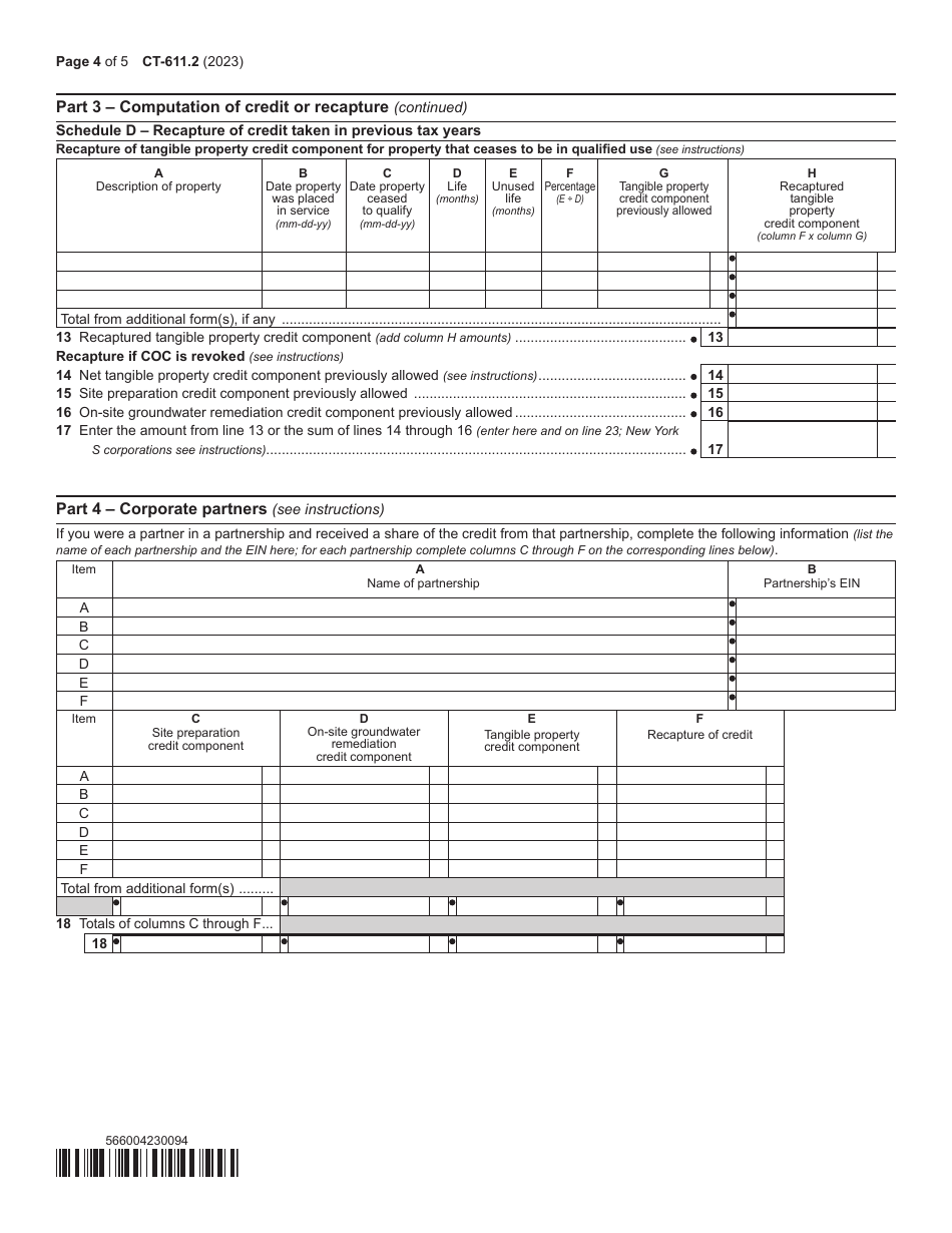 Form CT-611.2 Claim for Brownfield Redevelopment Tax Credit for Qualified Sites Accepted Into the Brownfield Cleanup Program on or After July 1, 2015 - New York, Page 4
