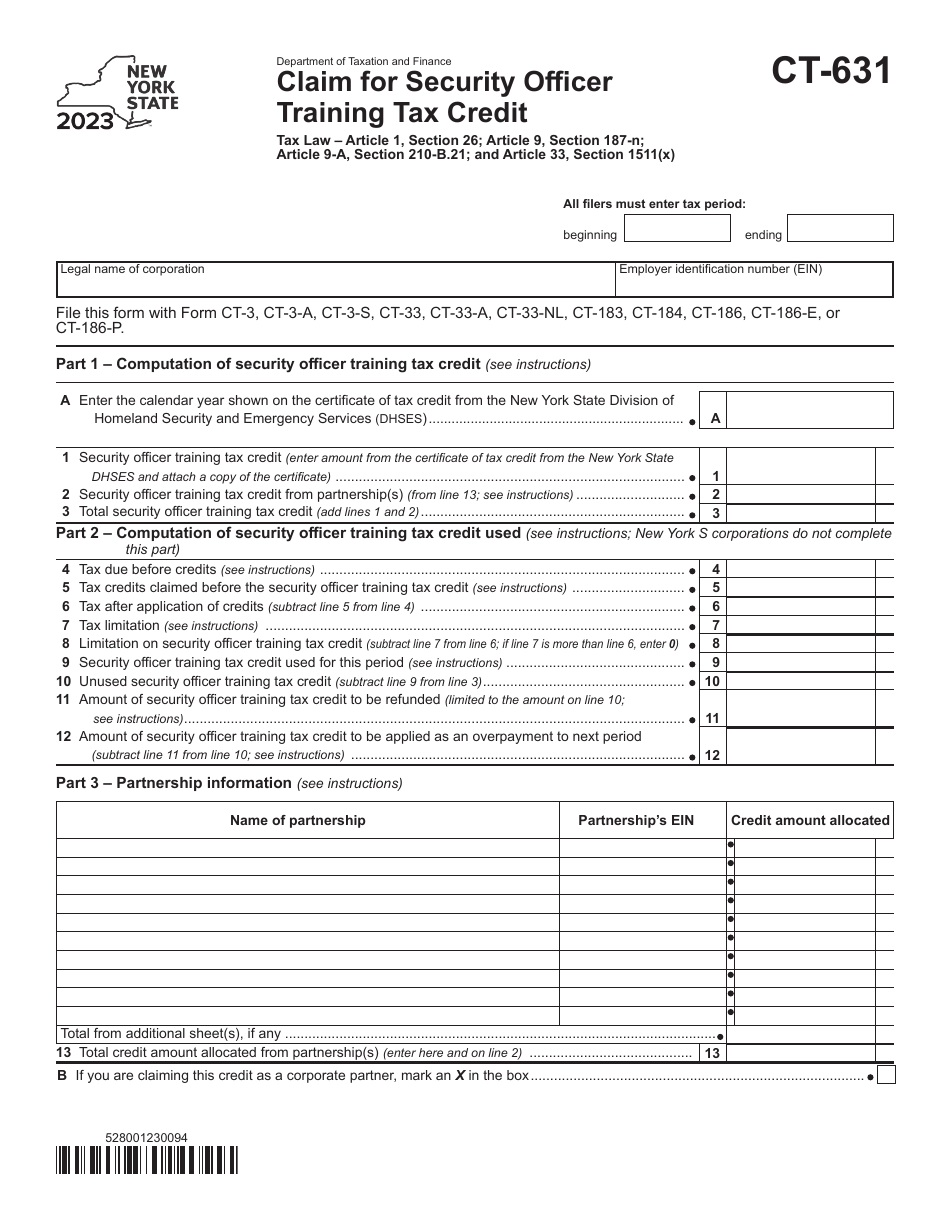 Form CT-631 Claim for Security Officer Training Tax Credit - New York, Page 1