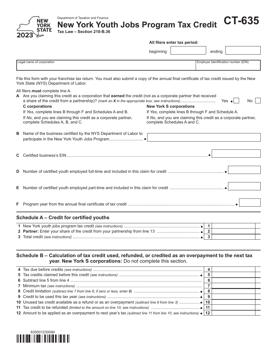 Form CT-635 New York Youth Jobs Program Tax Credit - New York, Page 1