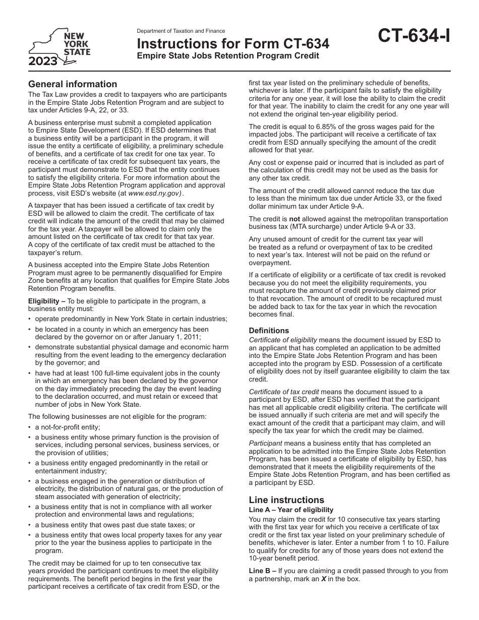 Instructions for Form CT-634 Empire State Jobs Retention Program Credit - New York, Page 1