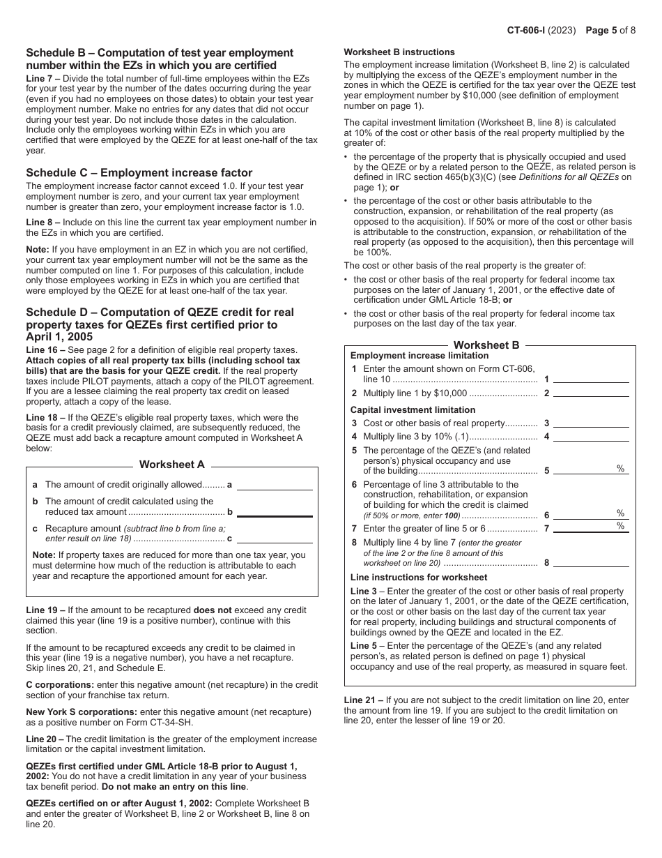 Instructions for Form CT-606 Claim for Qeze Credit for Real Property Taxes - New York, Page 5