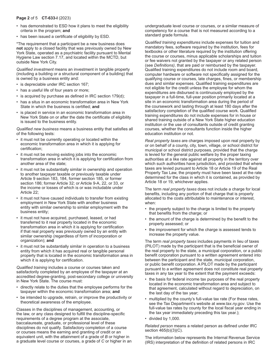 Instructions for Form CT-633 Economic Transformation and Facility Redevelopment Program Tax Credit - New York, Page 2