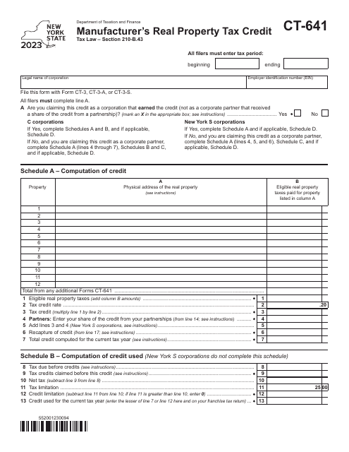 Form CT-641 Manufacturer's Real Property Tax Credit - New York, 2023