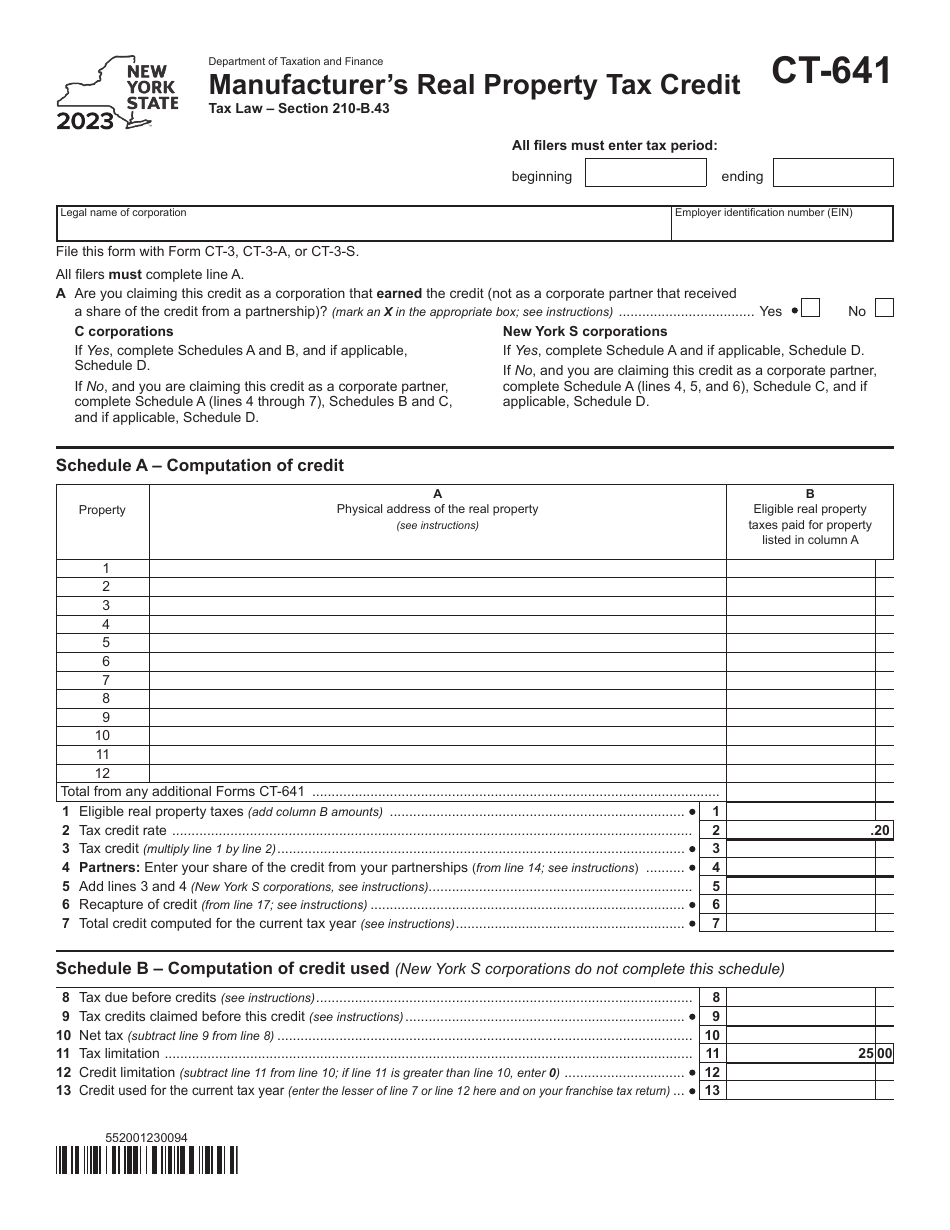 Form CT-641 Manufacturers Real Property Tax Credit - New York, Page 1