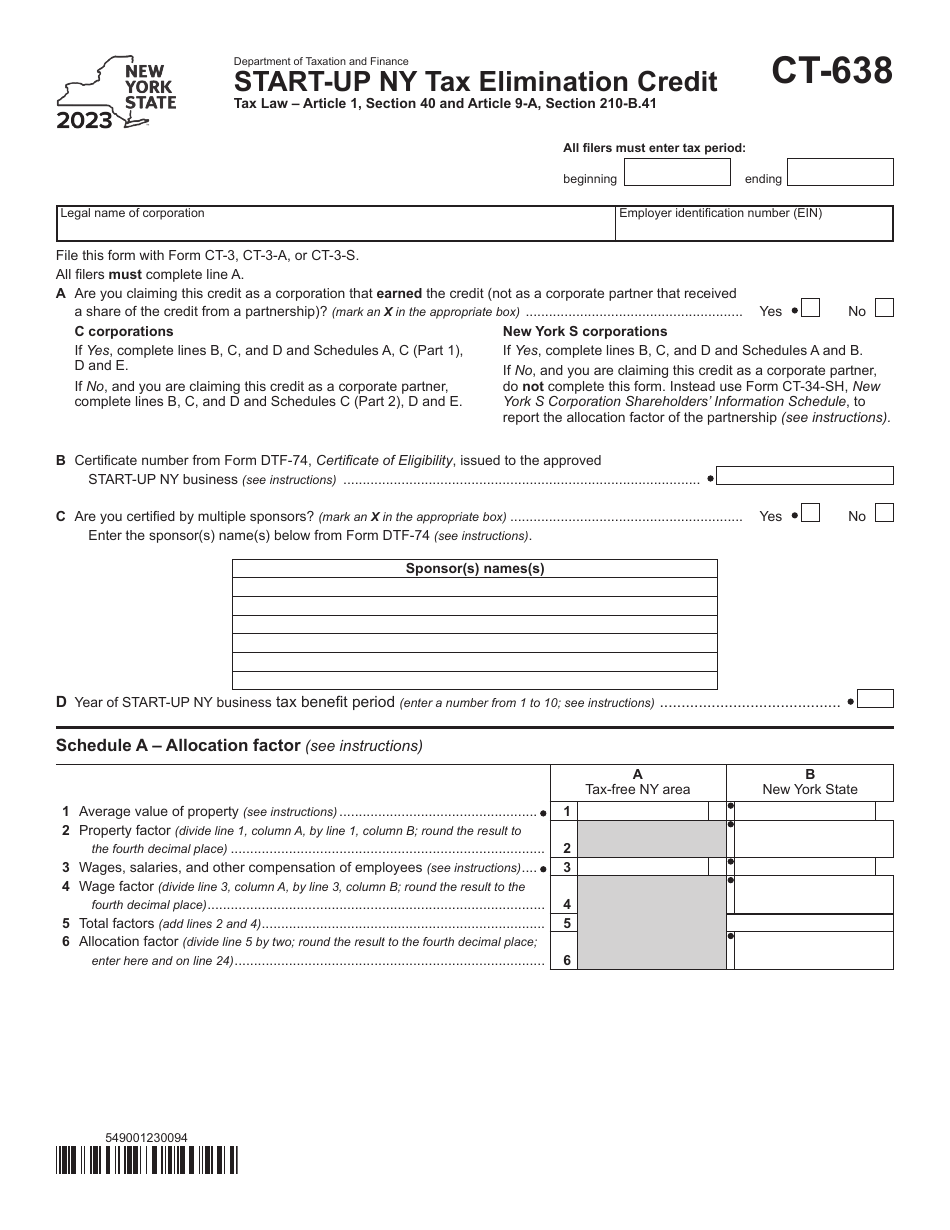 Form CT-638 Start-Up Ny Tax Elimination Credit - New York, Page 1
