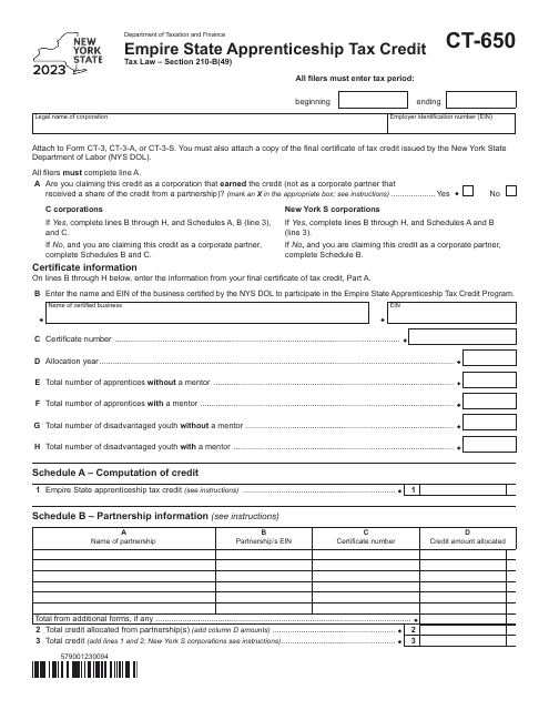 Form CT-650 Empire State Apprenticeship Tax Credit - New York, 2023