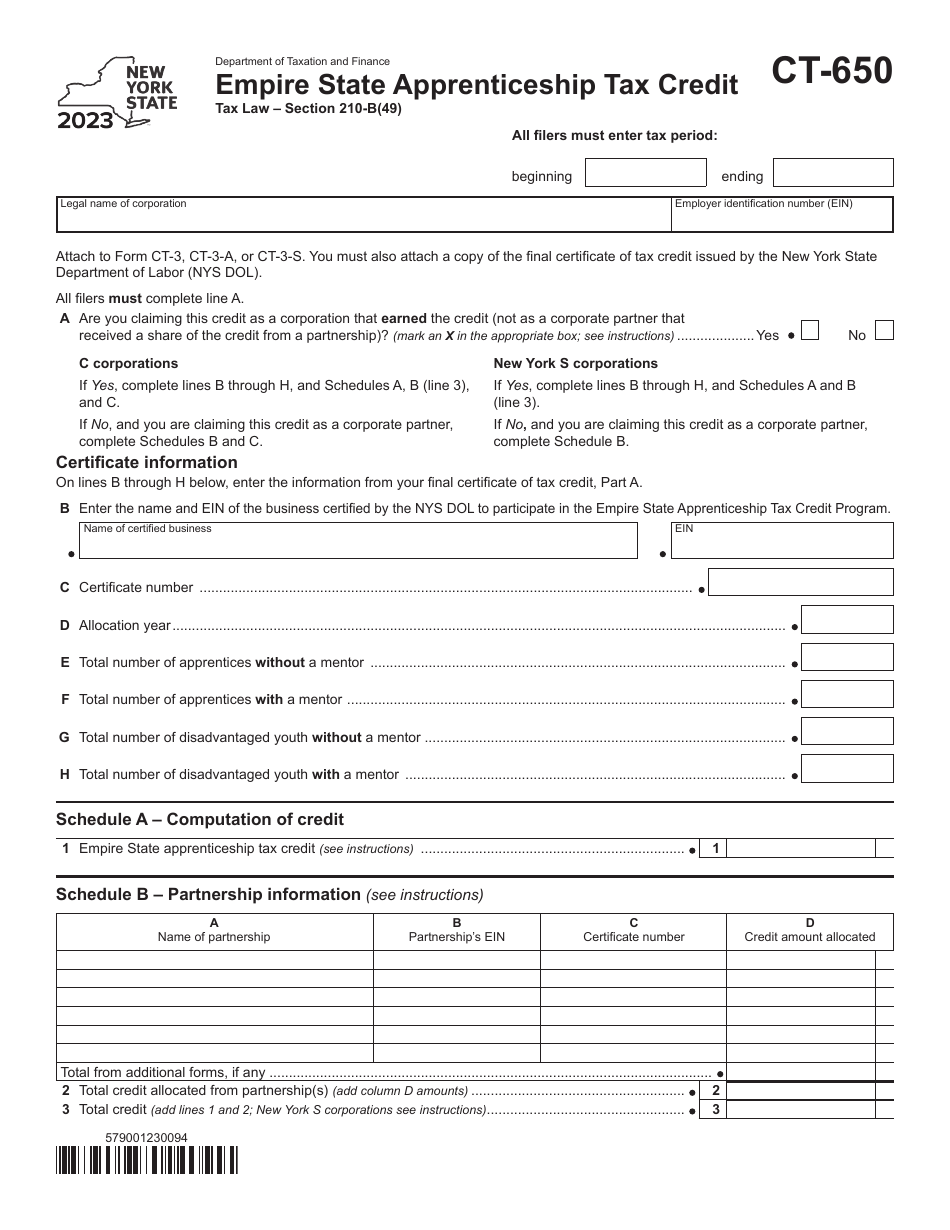 Form CT-650 Empire State Apprenticeship Tax Credit - New York, Page 1