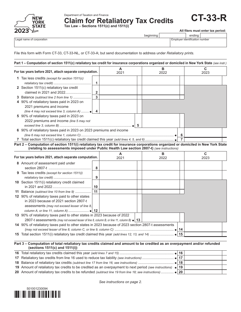 Form CT-33-R Claim for Retaliatory Tax Credits - New York, Page 1