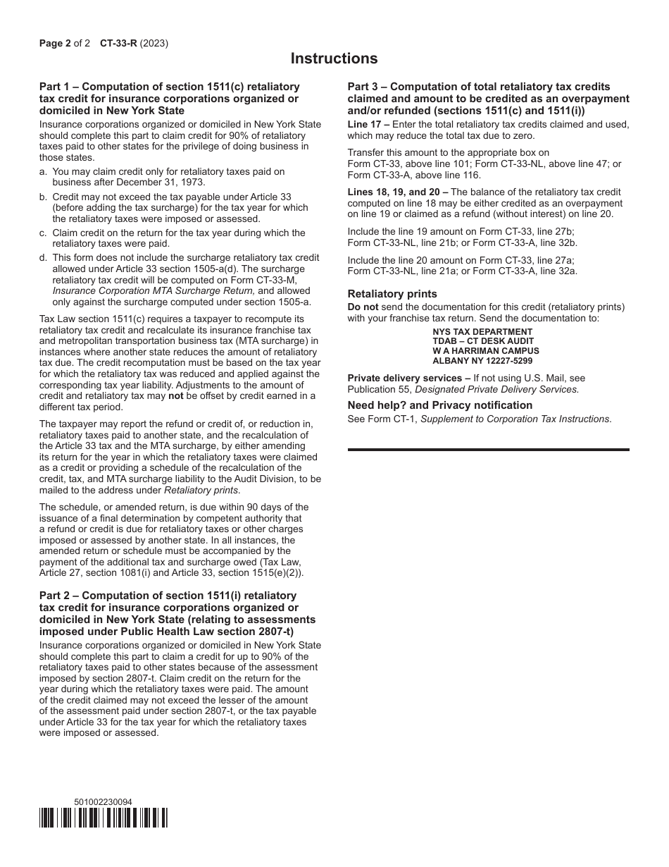 Form CT-33-R Claim for Retaliatory Tax Credits - New York, Page 2