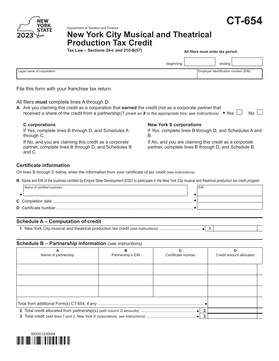 Form CT-654 New York City Musical and Theatrical Production Tax Credit - New York, Page 1