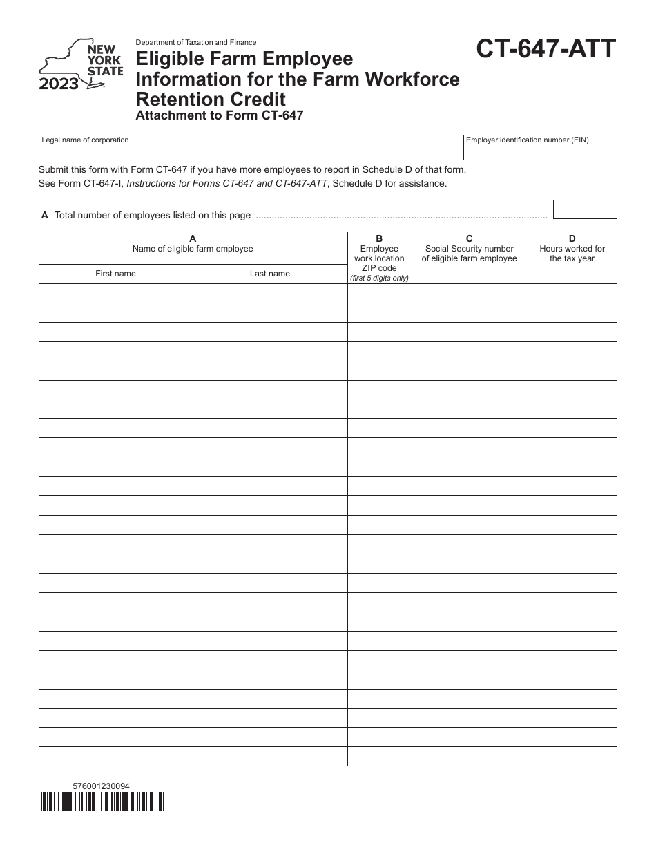 Form CT-647-ATT Eligible Farm Employee Information for the Farm Workforce Retention Credit - New York, Page 1