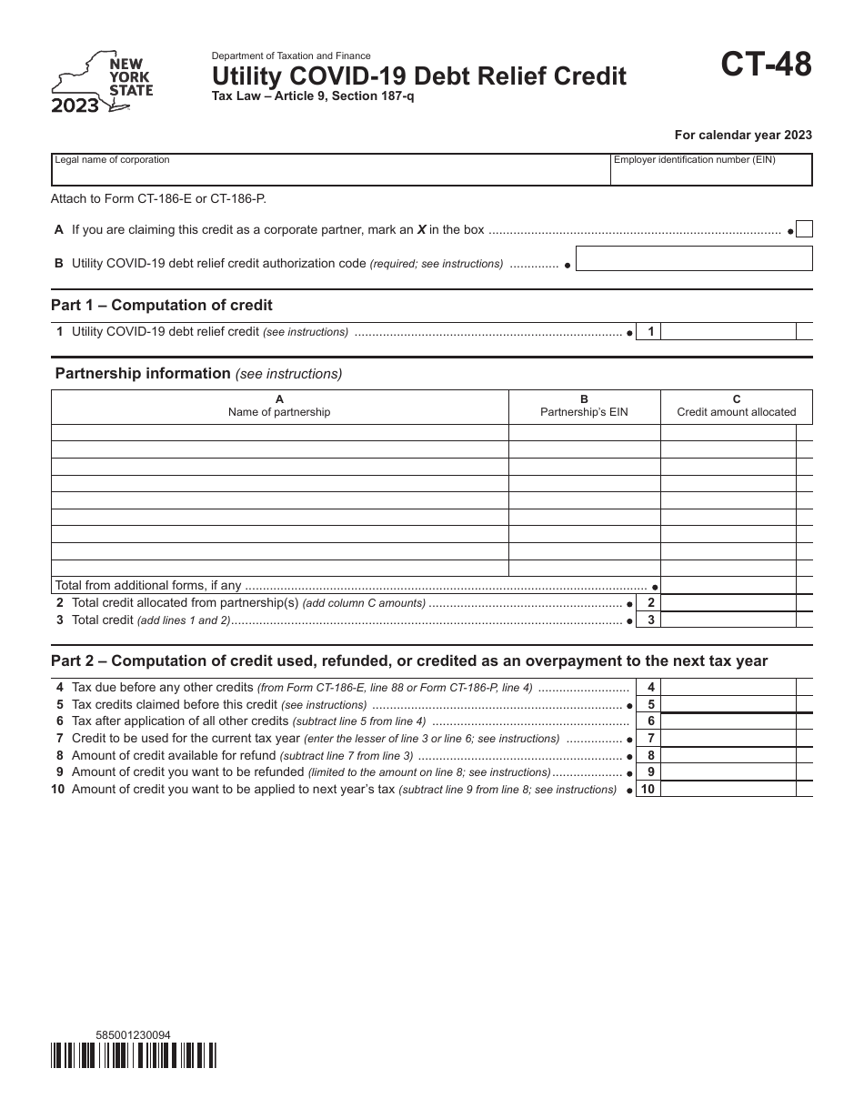 Form CT-48 Utility Covid-19 Debt Relief Credit - New York, Page 1