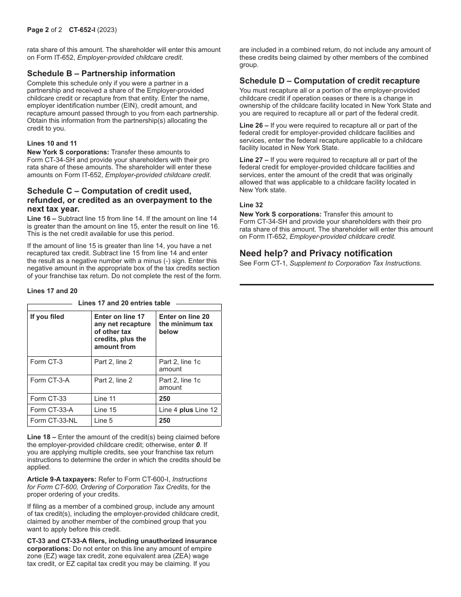 Instructions for Form CT-652 Employer-Provided Child Care Credit - New York, Page 2