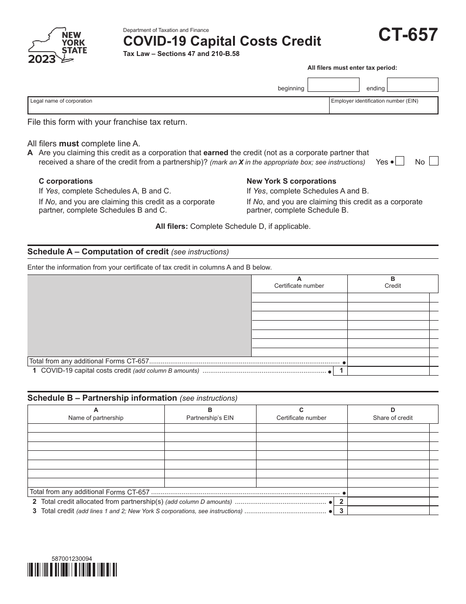 Form CT-657 Covid-19 Capital Costs Credit - New York, Page 1