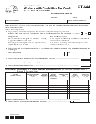Document preview: Form CT-644 Workers With Disabilities Tax Credit - New York