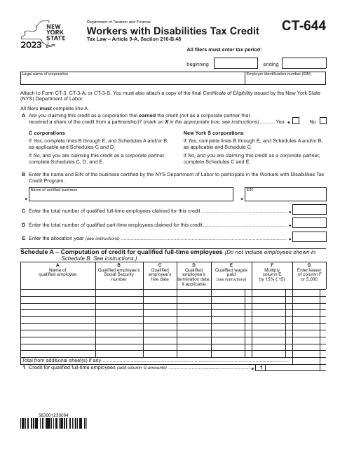 Form CT-644 Workers With Disabilities Tax Credit - New York, 2023