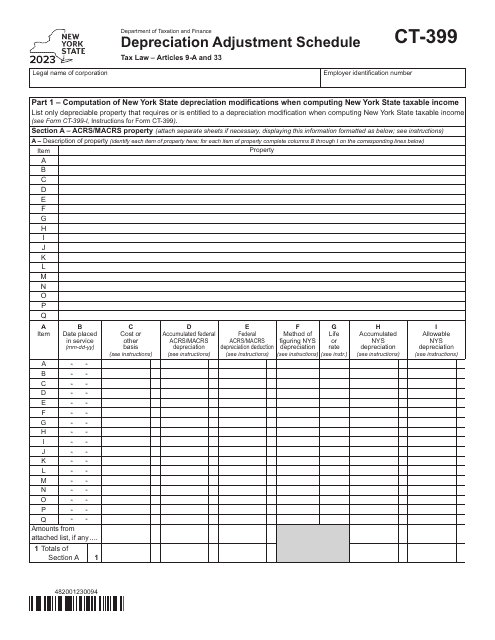 Form CT-399 Depreciation Adjustment Schedule - New York, 2023