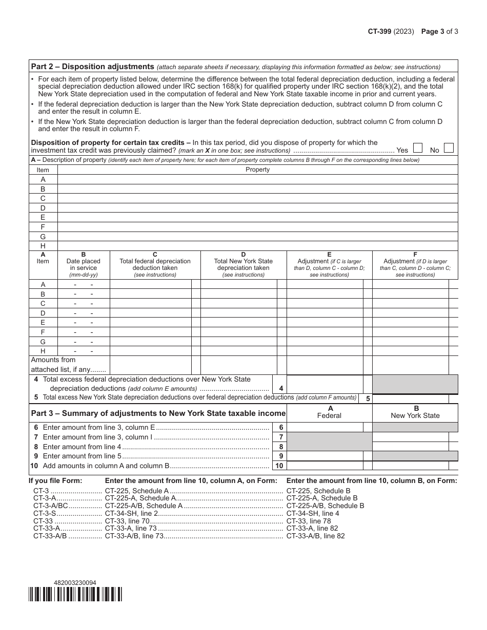 Form CT-399 Depreciation Adjustment Schedule - New York, Page 3
