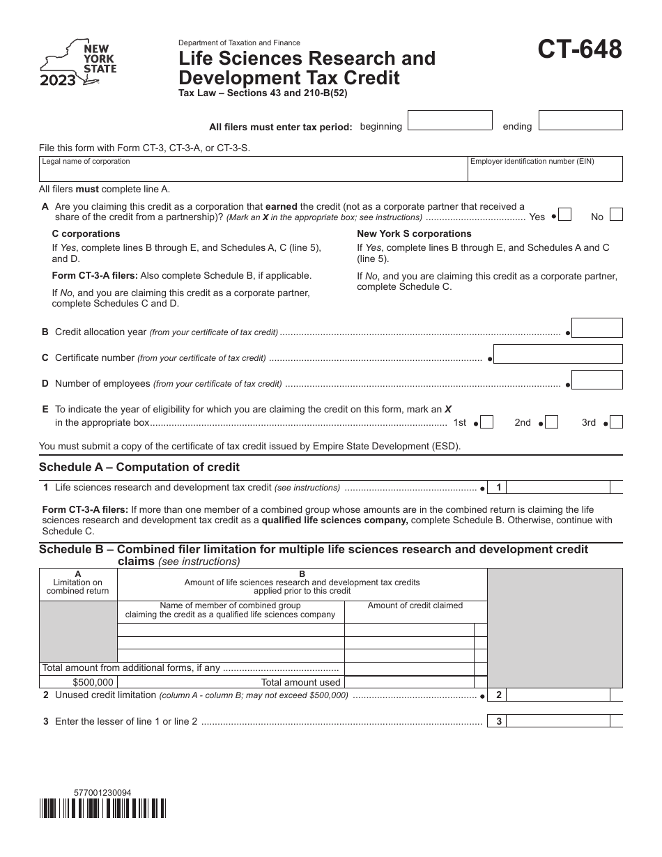 Form CT-648 Life Sciences Research and Development Tax Credit - New York, Page 1