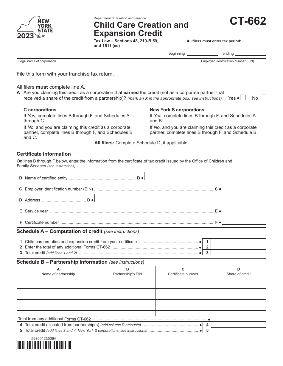 Form CT-662 Child Care Creation and Expansion Credit - New York, Page 1