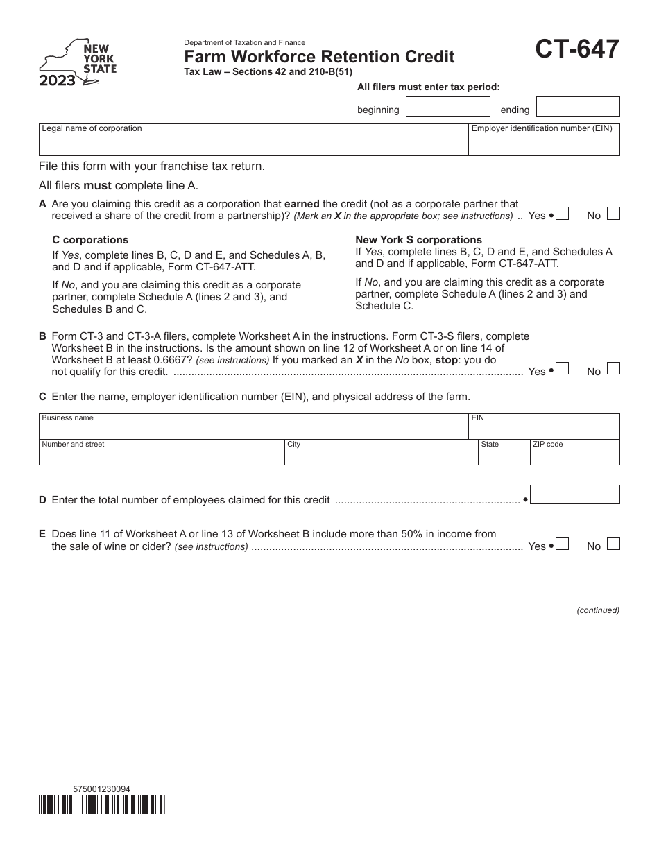 Form CT-647 Farm Workforce Retention Credit - New York, Page 1