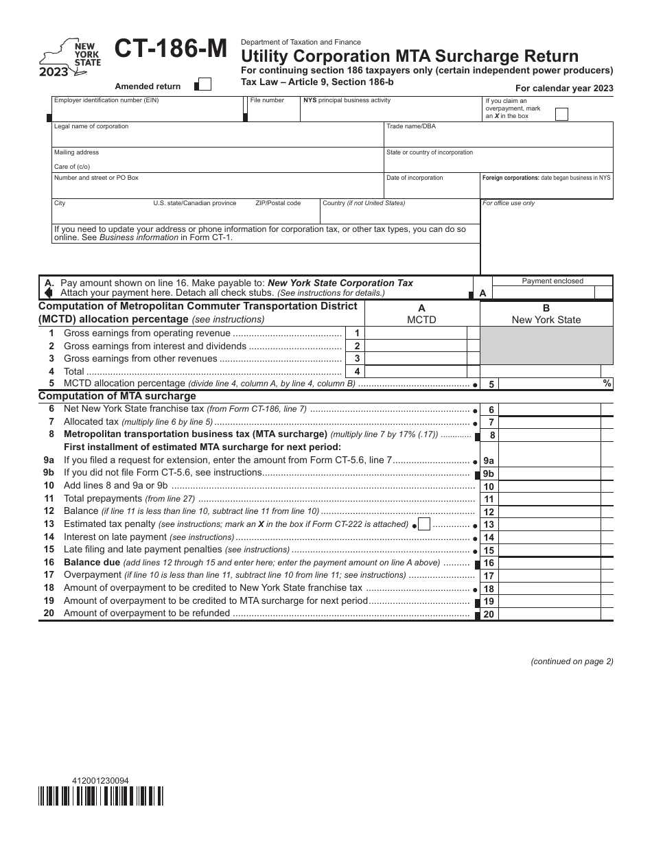 Form CT-186-M Utility Corporation Mta Surcharge Return - New York, Page 1