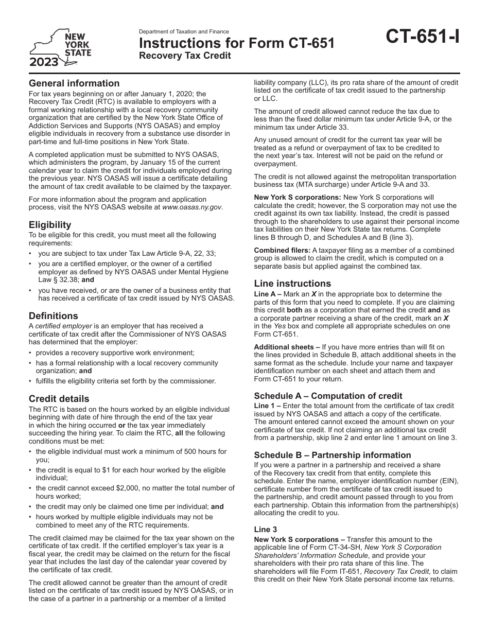 Instructions for Form CT-651 Recovery Tax Credit - New York, Page 1