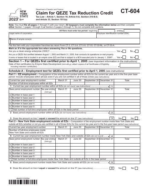 Form CT-604 Claim for Qeze Tax Reduction Credit - New York, 2023