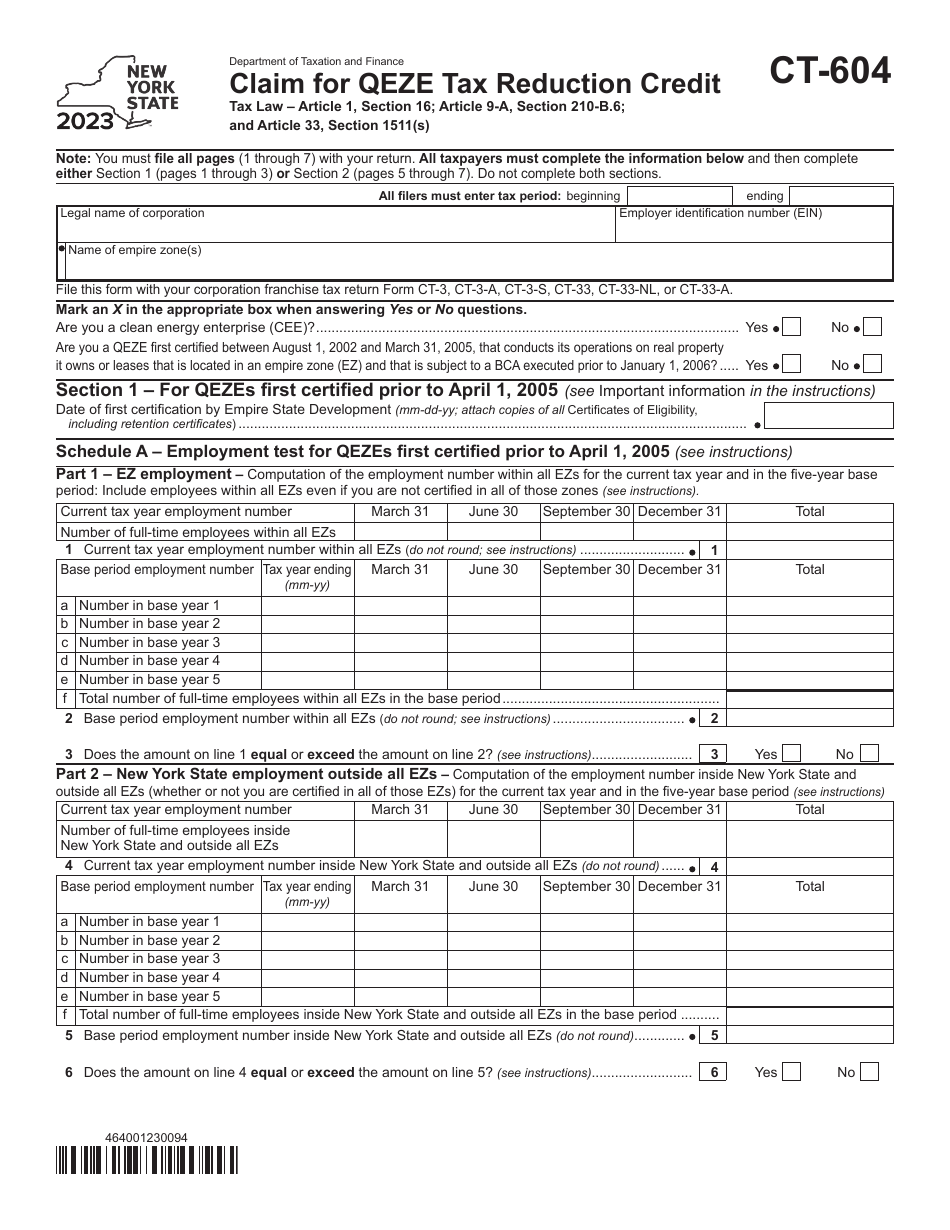Form CT-604 Claim for Qeze Tax Reduction Credit - New York, Page 1