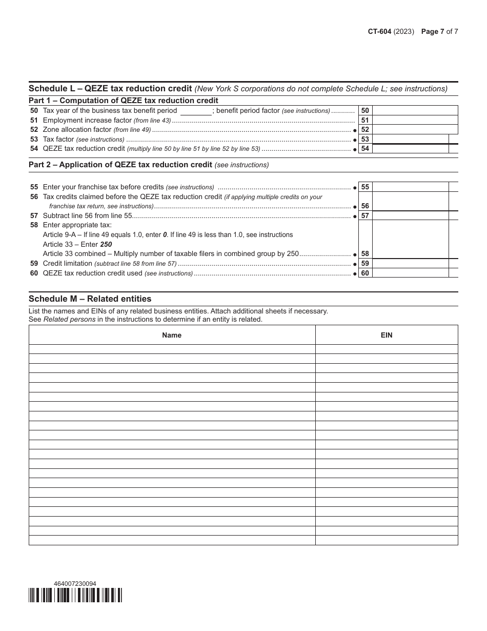 Form CT-604 Claim for Qeze Tax Reduction Credit - New York, Page 7