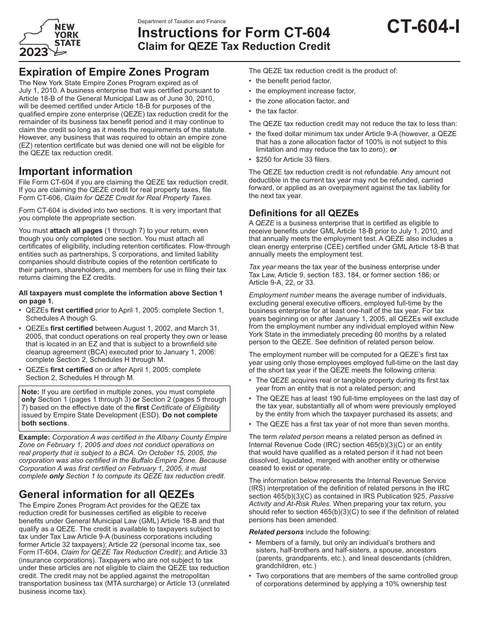Instructions for Form CT-604 Claim for Qeze Tax Reduction Credit - New York, Page 1