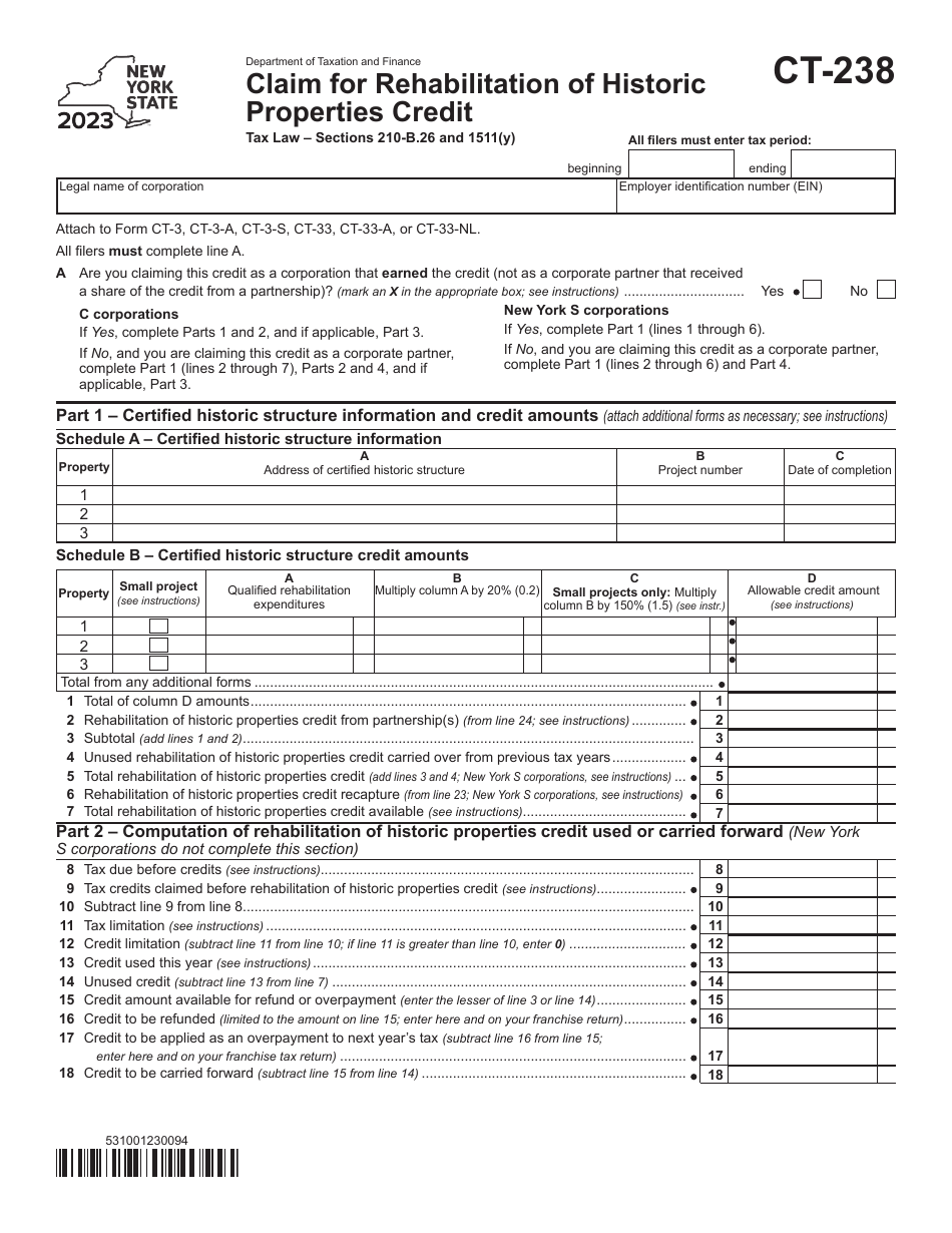 Form CT-238 Claim for Rehabilitation of Historic Properties Credit - New York, Page 1