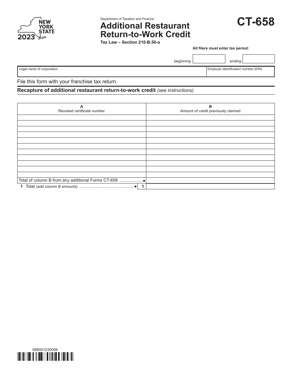 Form CT-658 Additional Restaurant Return-To-Work Credit - New York, Page 1