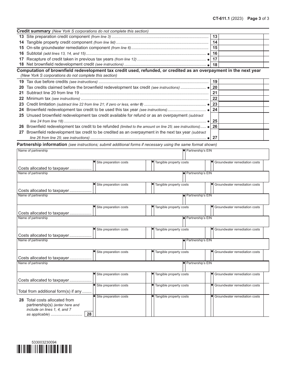 Form CT-611.1 Claim for Brownfield Redevelopment Tax Credit for Qualified Sites Accepted Into the Brownfield Cleanup Program on or After June 23, 2008 and Prior to July 1, 2015 - New York, Page 3