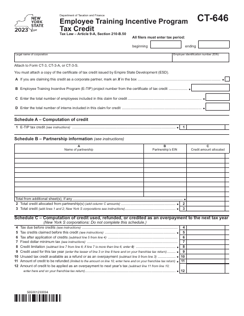 Form CT-646 Employee Training Incentive Program Tax Credit - New York, 2023