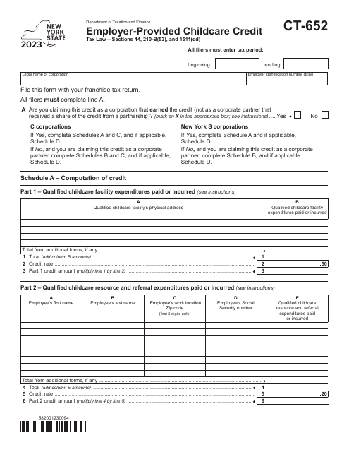 Form CT-652 Employer-Provided Childcare Credit - New York, 2023
