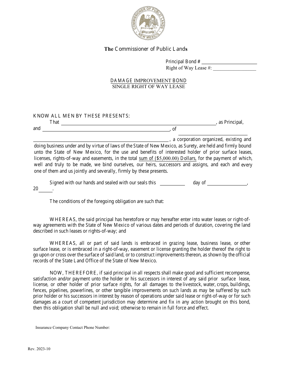 Single Right of Way Lease Damage Improvement Bond - New Mexico, Page 1