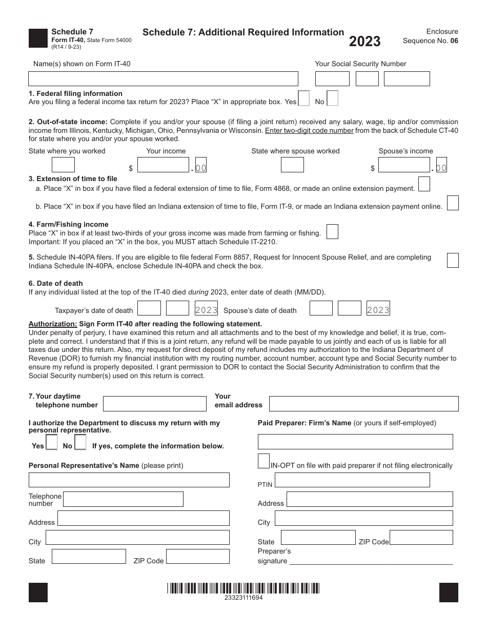 Form IT-40 (State Form 54000) Schedule 7 Additional Required Information - Indiana, Page 1