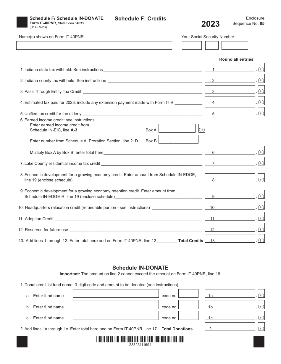 Form IT-40PNR (State Form 54033) Schedule F, IN-DONATE Credits / Donations - Indiana, Page 1