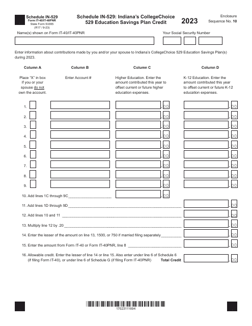 Form IT-40 (IT-40PNR; State Form 53385) Schedule IN-529 2023 Printable Pdf