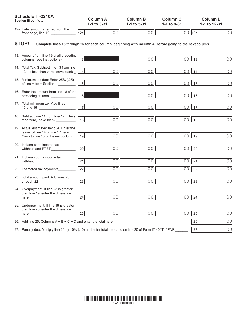 State Form 48437 Schedule IT-2210A Annualized Income Schedule for the Underpayment of Estimated Tax by Individuals - Indiana, Page 2