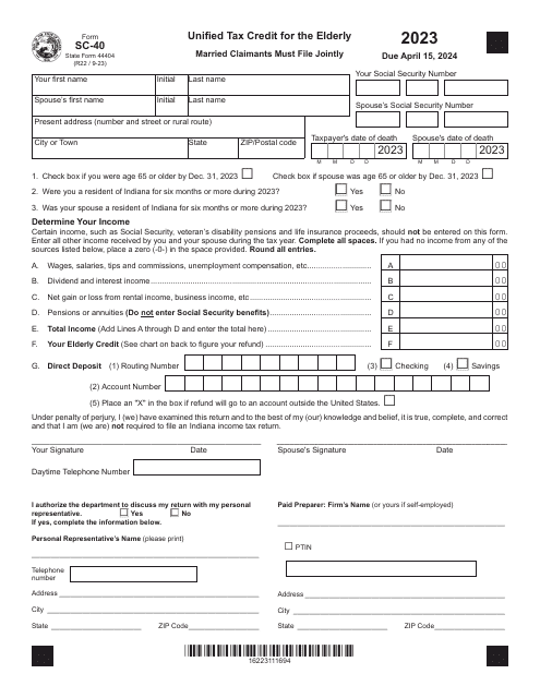 Form SC-40 (State Form 44404) Unified Tax Credit for the Elderly - Indiana, 2023