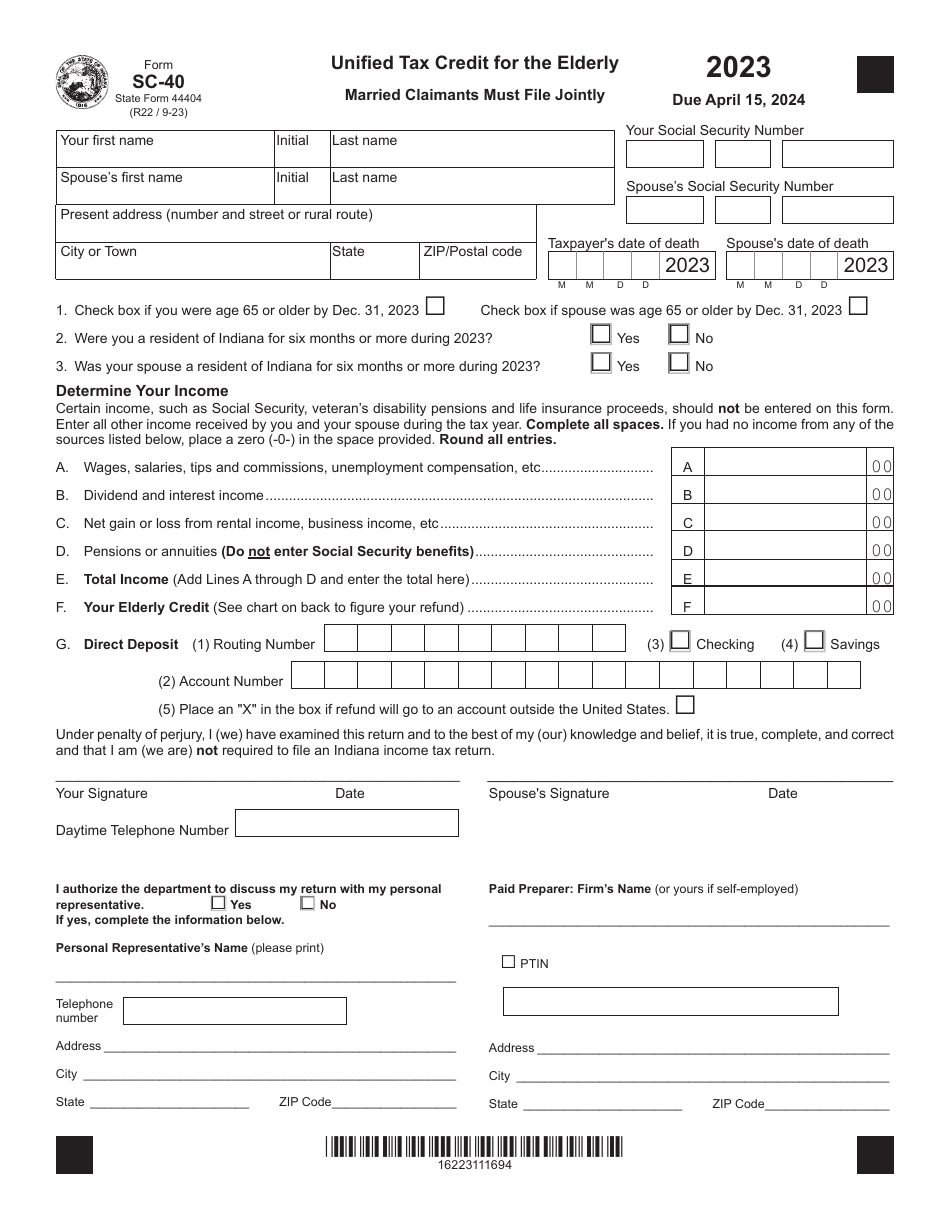 Form SC-40 (State Form 44404) Unified Tax Credit for the Elderly - Indiana, Page 1