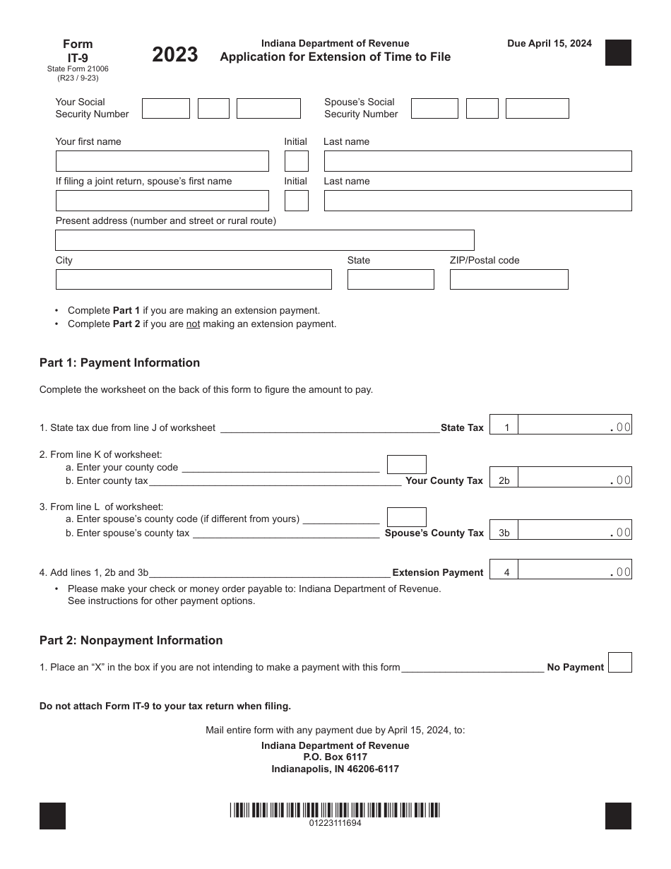 Form IT-9 (State Form 21006) Application for Extension of Time to File - Indiana, Page 1